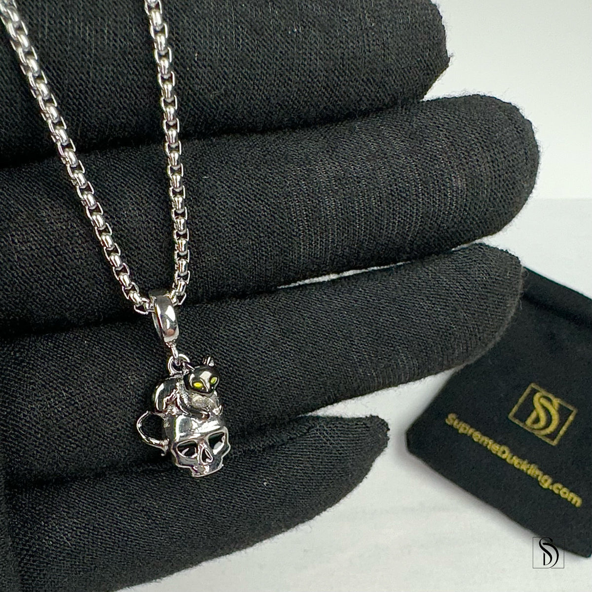Silver Skull Black Kitten Pendant Necklace