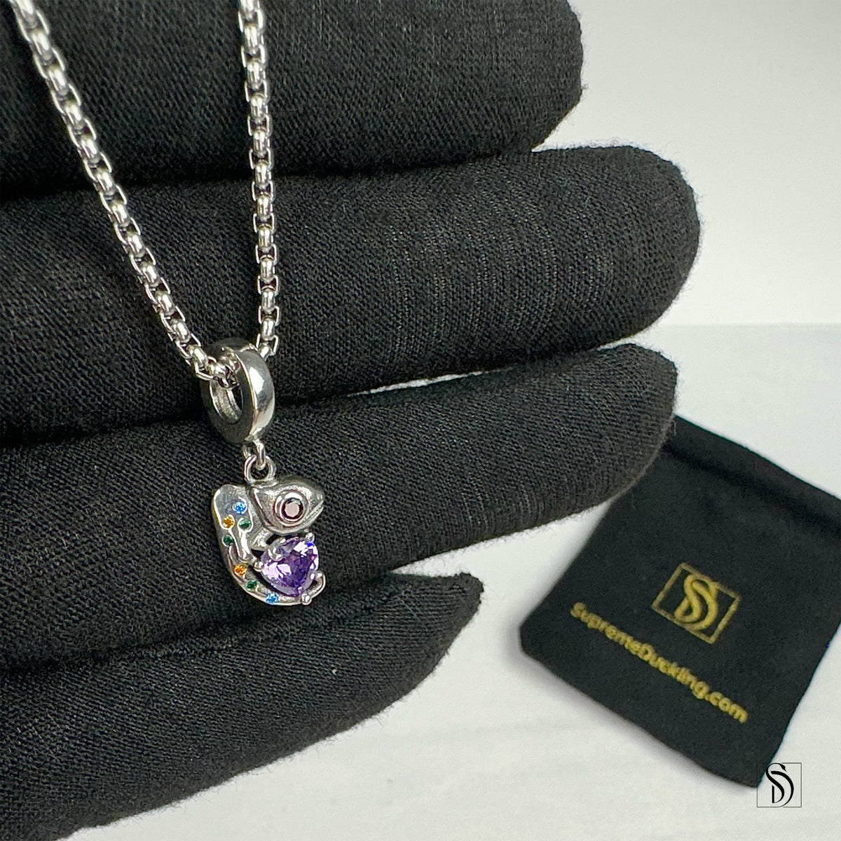 Colorful Gemstones Silver Chameleon Pendant Necklace