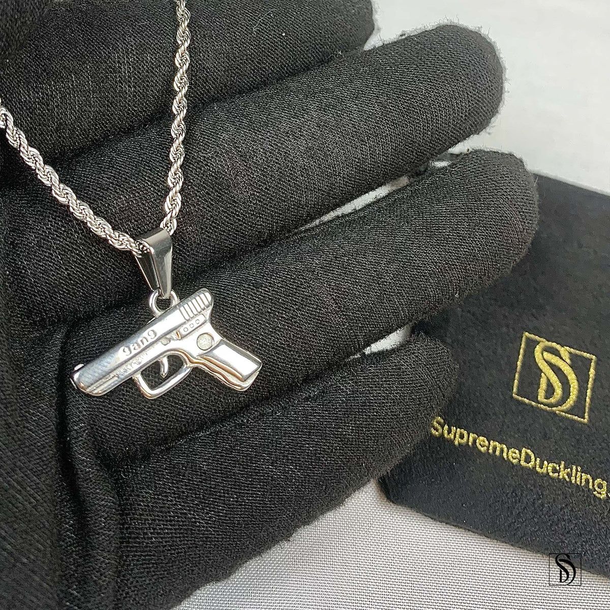 Silver 9mm Pistol Hand Gun Pendant Necklace