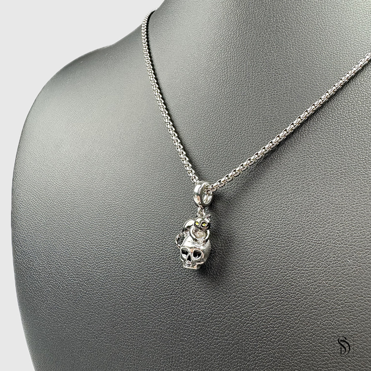 Silver Skull Black Kitten Pendant Necklace