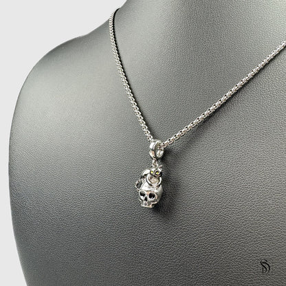 Silver Skull Black Kitten Pendant Necklace