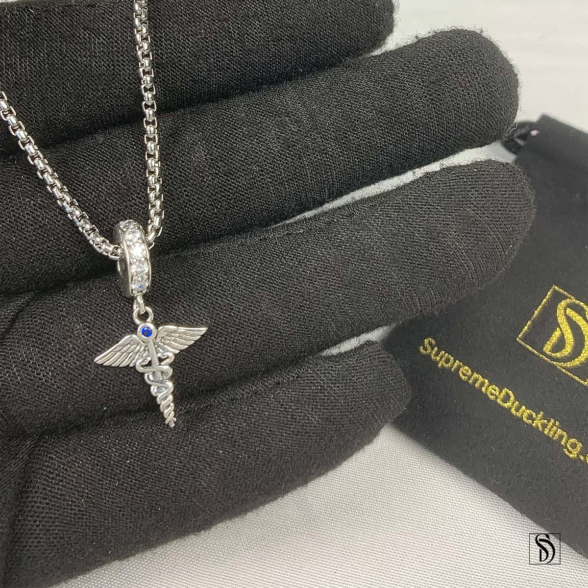 Silver Caduceus Staff Blue Gemstone Necklace