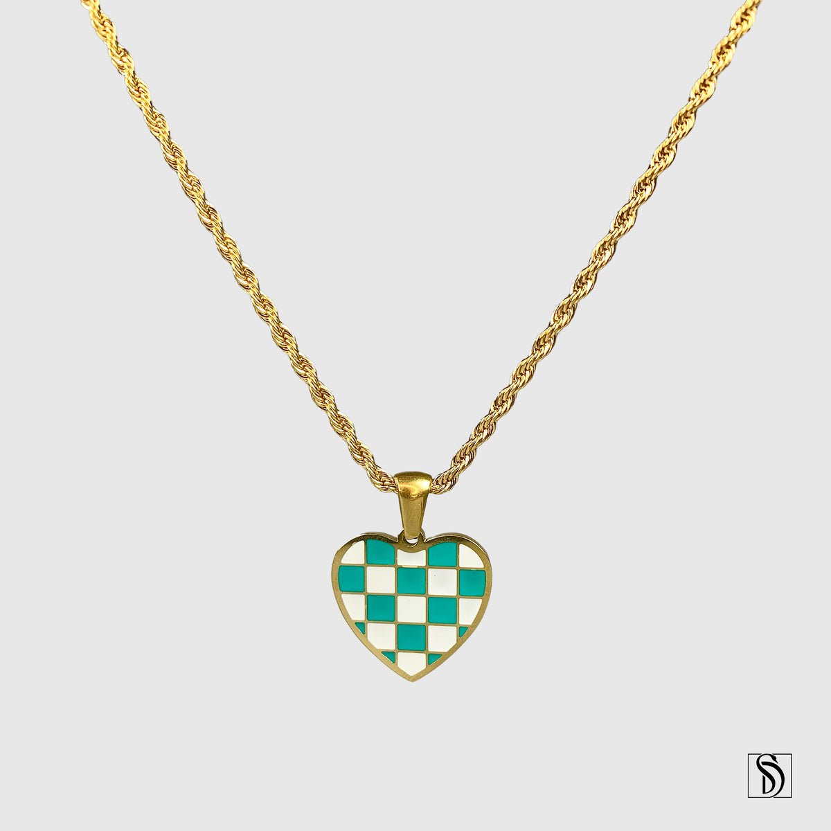 Gold Chess Board Heart Shape Pendant Necklace