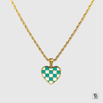 Gold Chess Board Heart Shape Pendant Necklace