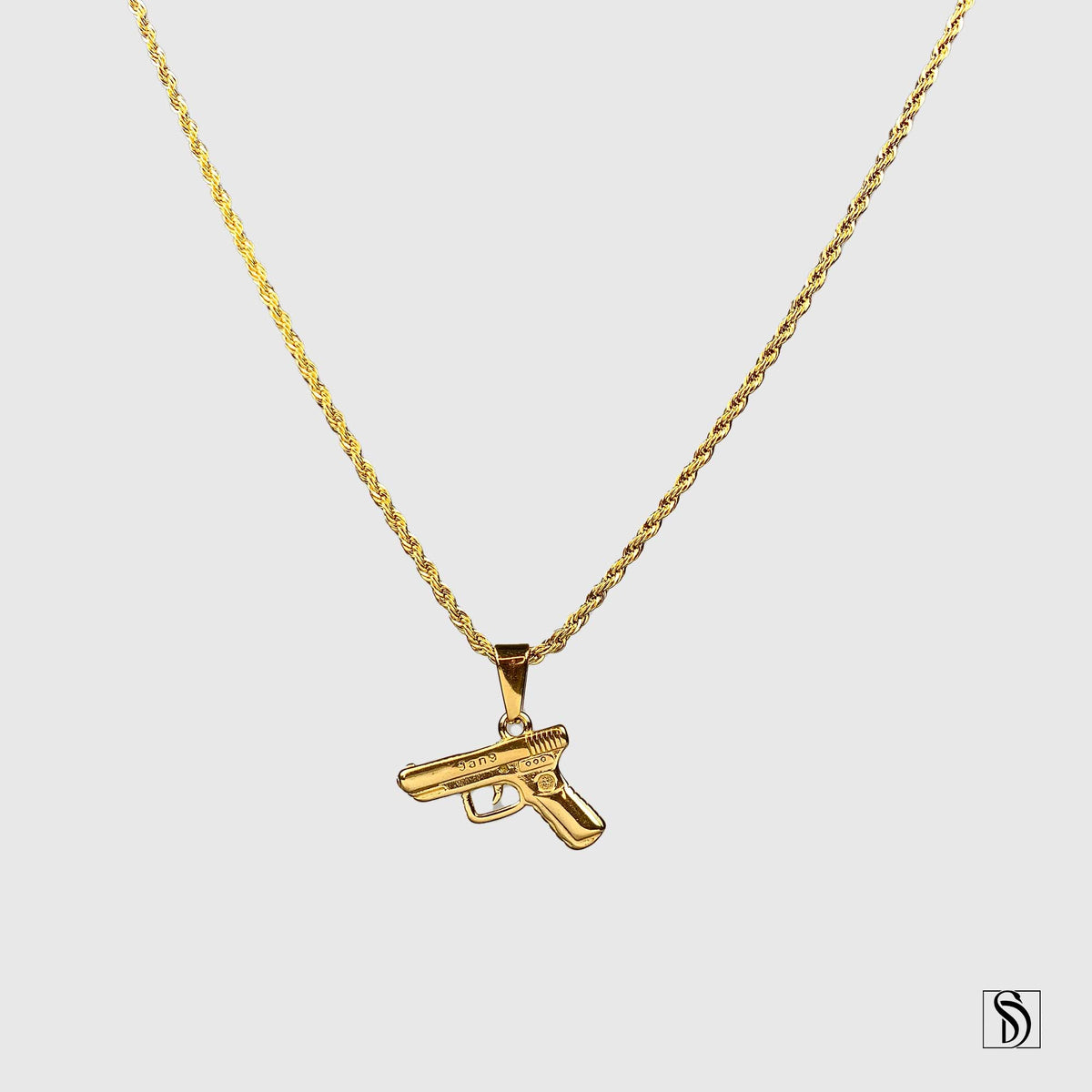 Gold 9mm Pistol Hand Gun Pendant Necklace