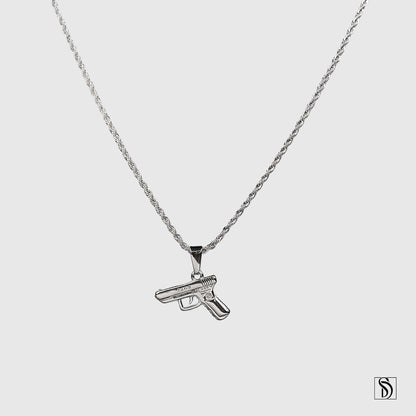 Silver 9mm Pistol Hand Gun Pendant Necklace