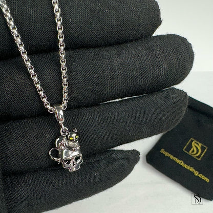 Silver Skull Black Kitten Pendant Necklace