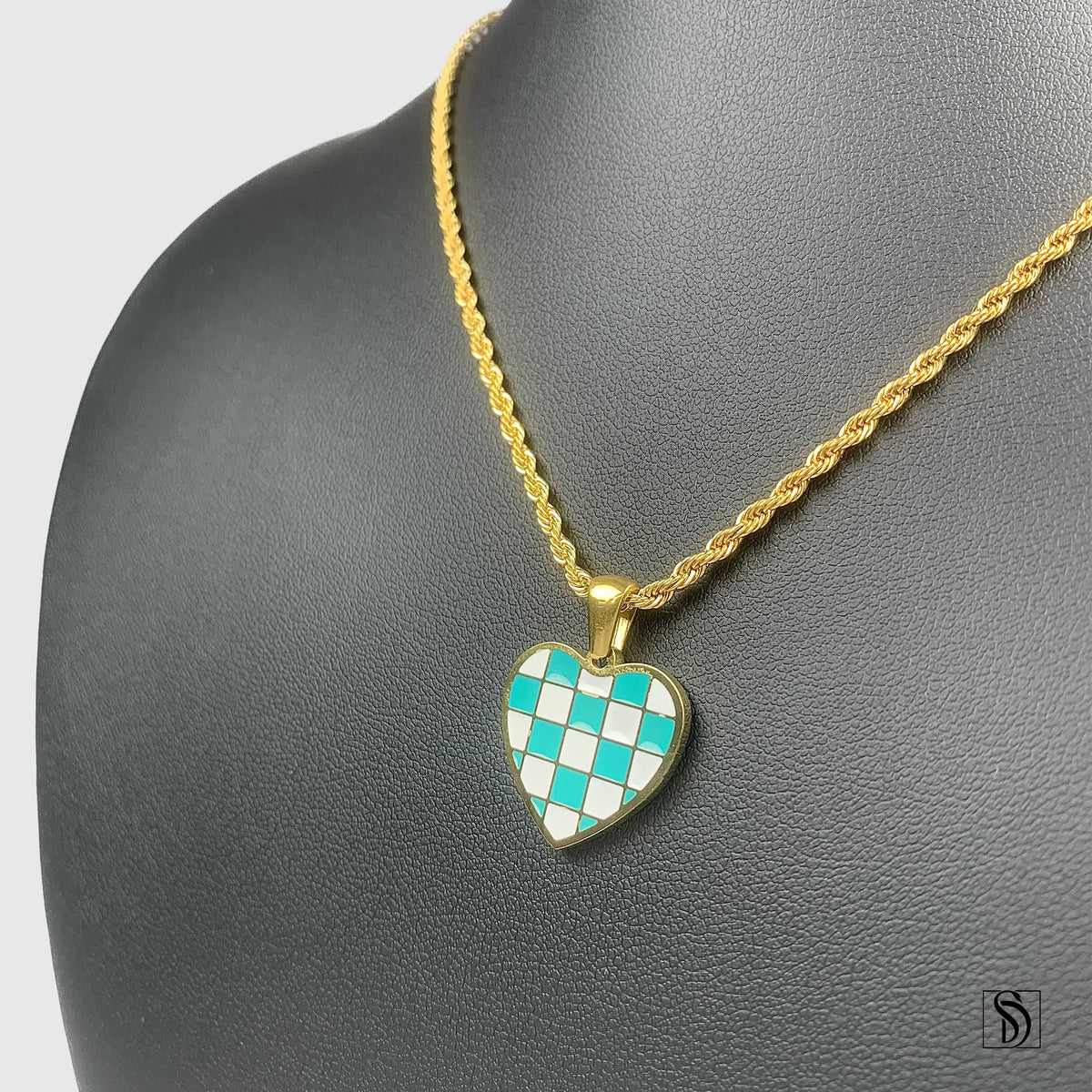 Gold Chess Board Heart Shape Pendant Necklace