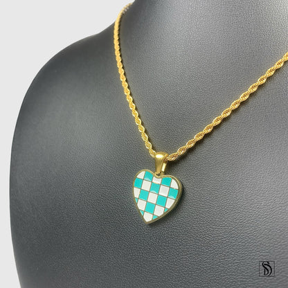Gold Chess Board Heart Shape Pendant Necklace
