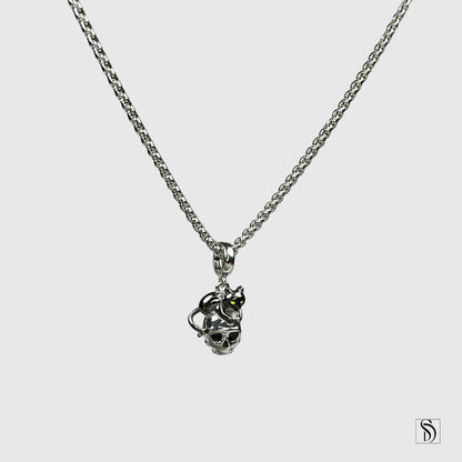 Silver Skull Black Kitten Pendant Necklace