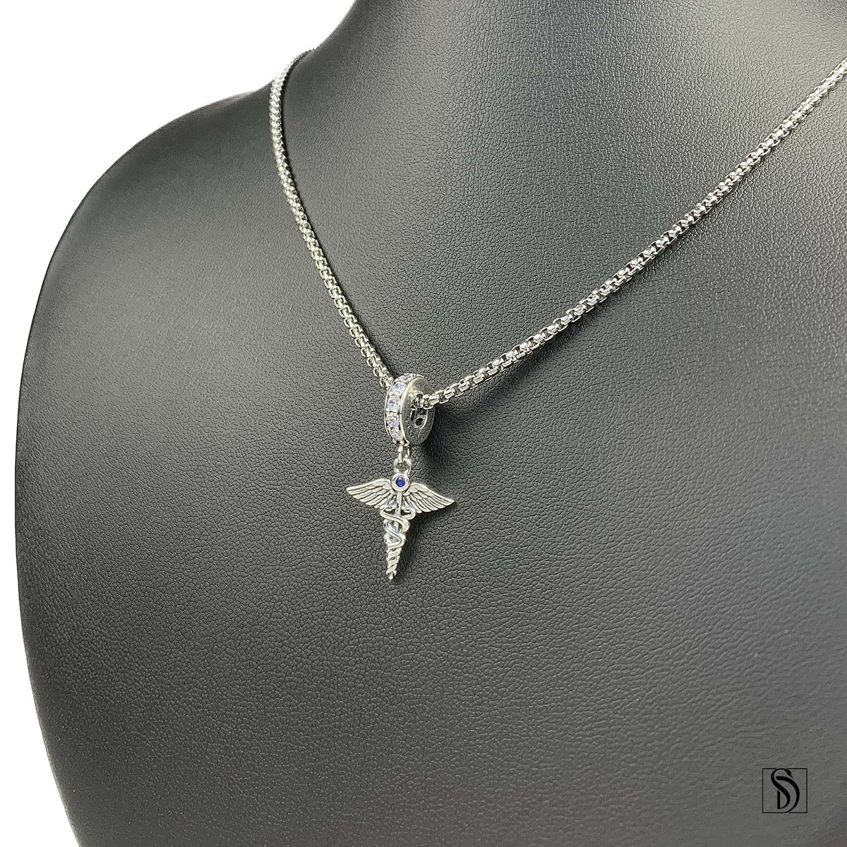 Silver Caduceus Staff Blue Gemstone Necklace