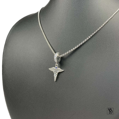 Silver Caduceus Staff Blue Gemstone Necklace