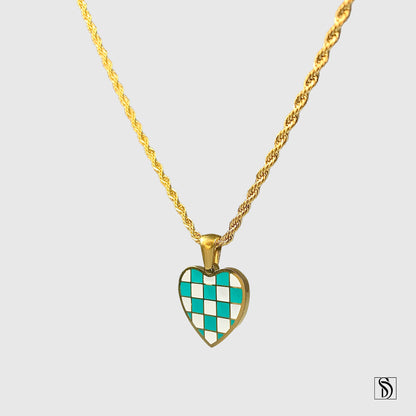 Gold Chess Board Heart Shape Pendant Necklace