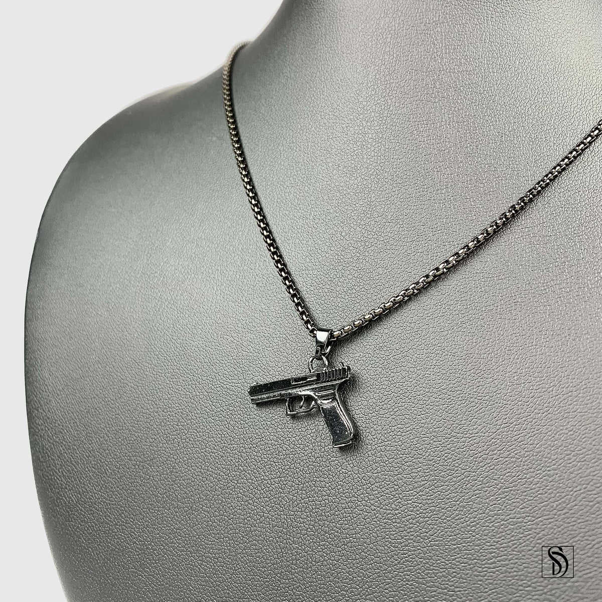 Black 9mm Pistol Hand Gun Pendant Necklace