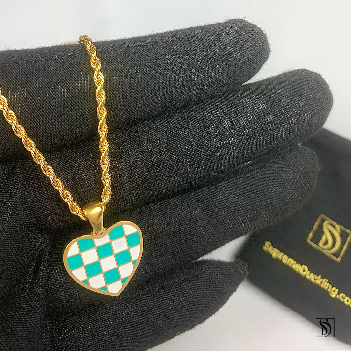 Gold Chess Board Heart Shape Pendant Necklace