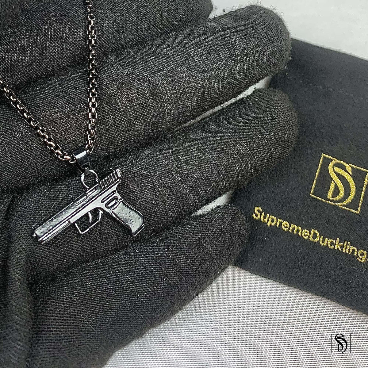 Black 9mm Pistol Hand Gun Pendant Necklace