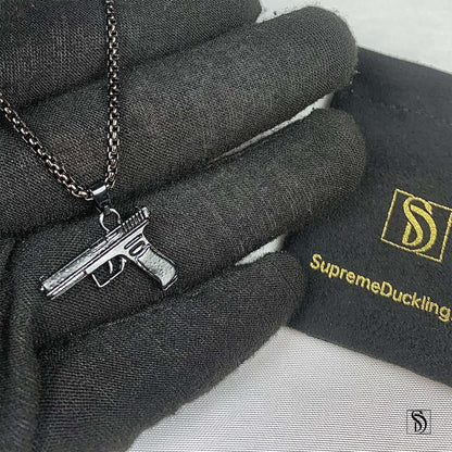 Black 9mm Pistol Hand Gun Pendant Necklace