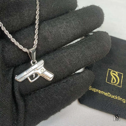 Silver 9mm Pistol Hand Gun Pendant Necklace