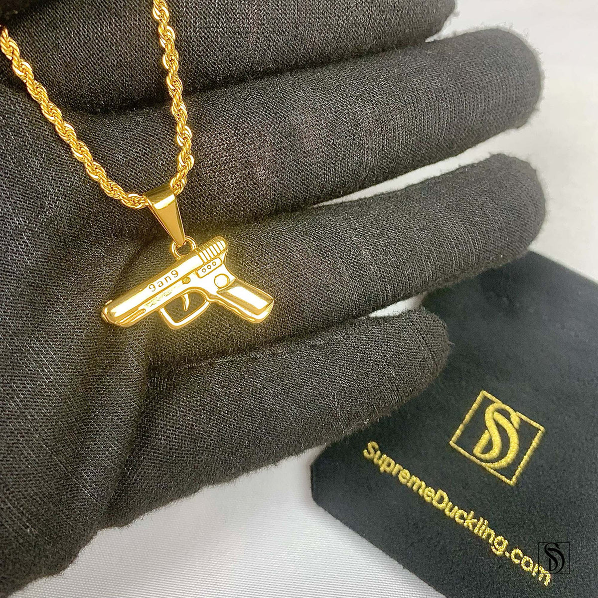 Gold 9mm Pistol Hand Gun Pendant Necklace