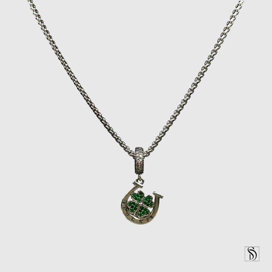 Lucky Four Leaf Clover Horse Shoe Pendant Necklace