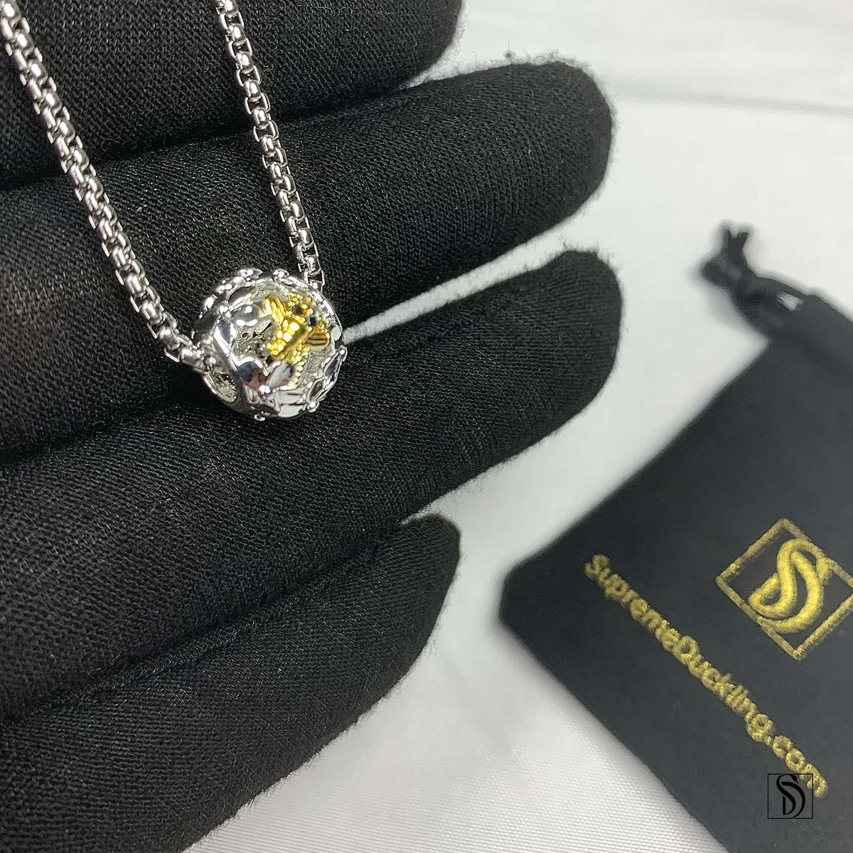 Silver Bumble Bee Two Tones Charm Necklace