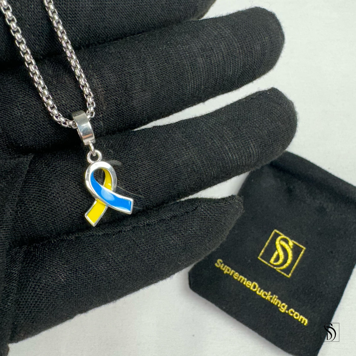Blue and Yellow Peace Ribbon Pendant Necklace