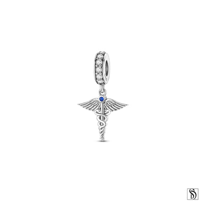 Silver Caduceus Staff Blue Gemstone Necklace